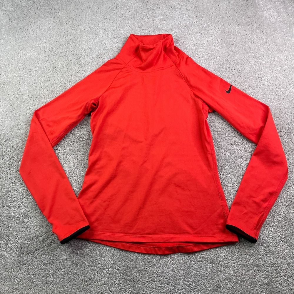 Nike Pro Top Womens Medium Red Dri Fit Mock Neck Fleece Thermal Quarter Zip